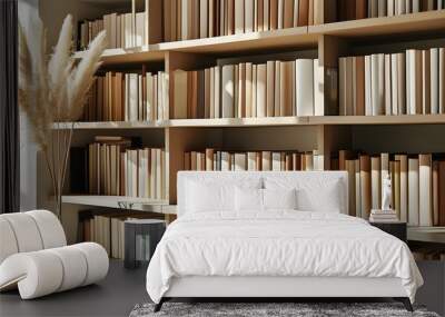 Stylish office bookshelf with neatly arranged books and minimalistic decorations illuminated by soft natural light Wall mural