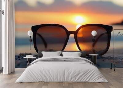 sunglasses resting on a sandy beach with a vibrant sunset illuminating the sky and sea Wall mural