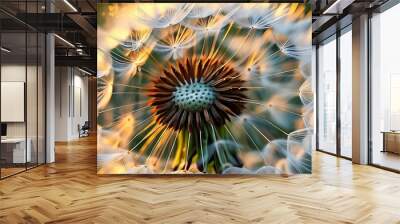 Sunlit Dandelion Seeds Glowing in a Captivating Close-Up Wall mural