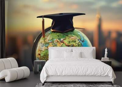 Symbol of Global Learning: Graduation Cap on Globe with Books Against a Blurred City Skyline Wall mural