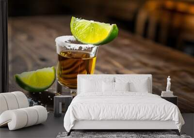 Tequila shot with lime wedge and spilled salt on rustic wooden table Wall mural