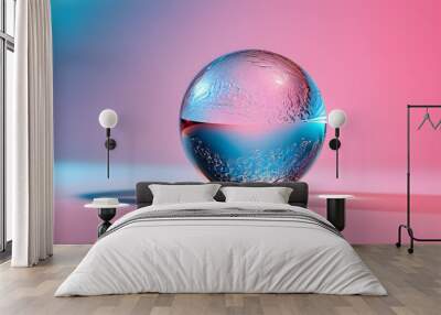 Textured glass sphere reflecting light on a dreamy pink and blue gradient background Wall mural