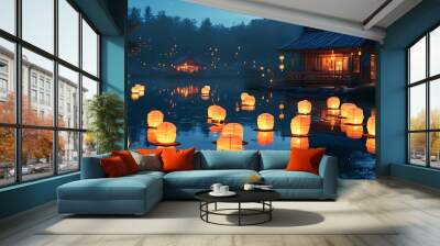 tranquil evening with glowing lanterns illuminating a peaceful pond and reflecting off a cozy wooden cabin Wall mural