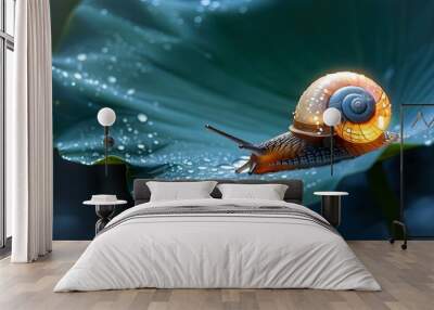 Tranquil snail meditating on a glowing lotus leaf beneath the serene embrace of moonlight Wall mural