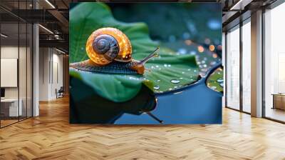 Tranquil snail meditating on a glowing lotus leaf beneath the serene embrace of moonlight Wall mural