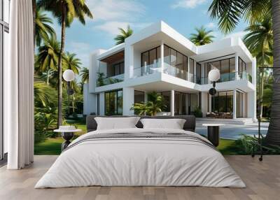 Tropical paradise villa surrounded by lush palm trees in a serene holiday resort setting Wall mural