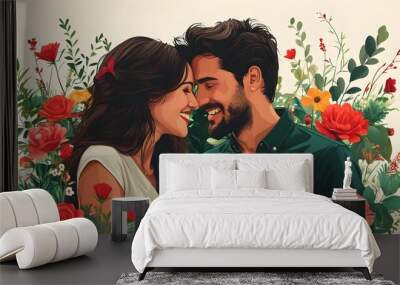 Valentines Day Love: A Couple Embracing Amidst a Bouquet and Lush Plants in Vibrant Vector Art Wall mural