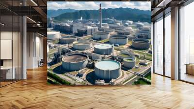 Vast industrial landscape featuring a massive LNG storage tank exemplifying modern energy infrastructure and advanced technology for liquified natural gas storage Wall mural