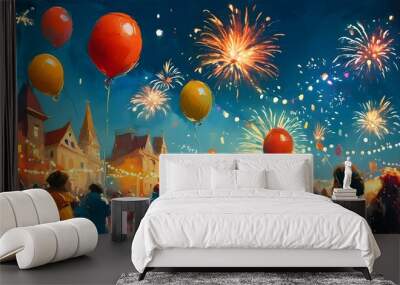 Vibrant abstract festival scene with balloons, childrens toys, fireworks, bright lights, and joyous people celebrating New Year and carnival against a pastel background Wall mural