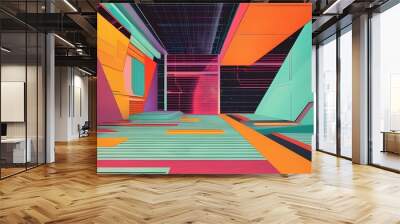 Vibrant Abstract Geometric Interpretations of Retro 90s Technology with Digital Motifs Wall mural