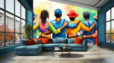 Vibrant Abstract Watercolor Depicting Unity Among Diverse Individuals in Artistic Expression Wall mural