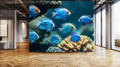 Vibrant blue tropical fish gliding through crystal-clear waters in a serene underwater paradise Wall mural