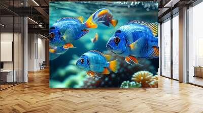 Vibrant blue tropical fish gliding through crystal-clear waters in a serene underwater paradise Wall mural