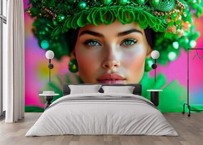 Vibrant close-up portrait of a stylish lady showcasing an array of green fashion accessories against a lively backdrop Wall mural