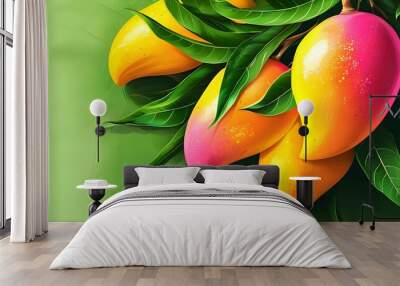 Vibrant digital depiction of a mango with bright yellow, orange, and pink hues surrounded by lush green leaves Wall mural