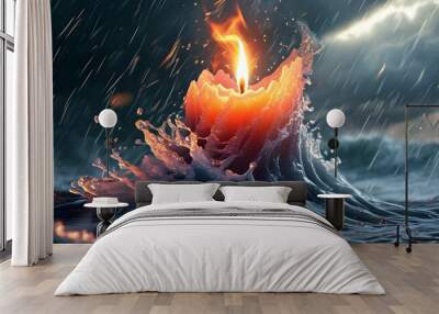 Vibrant flame of a candle braving a fierce storm, illuminating a detailed scene with calm resilience amidst chaos Wall mural