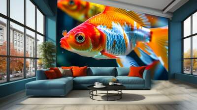 vibrant goldfish swimming gracefully in a tank with a softly blurred background Wall mural