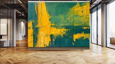 Vibrant green and yellow textured abstract fragment in oil on canvas Wall mural