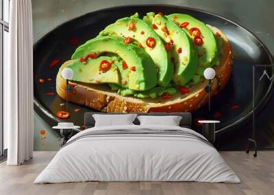 Vibrant green avocado spread on crusty bread with a garnish of red pepper flakes, elegantly arranged on a matte black plate Wall mural