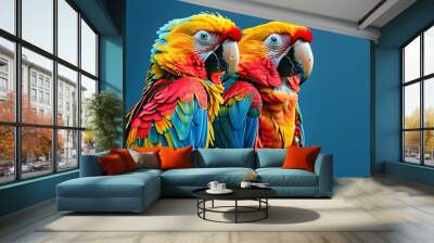 Vibrant macaws showcasing tropical wildlife against a serene blue backdrop Wall mural