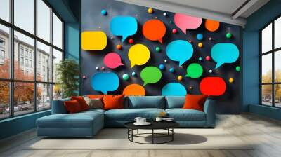 Vibrant paper speech bubbles on a dark backdrop representing diverse communication and community dialogue in the age of social media Wall mural