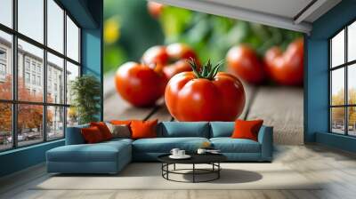 Vibrant ripe tomato featured prominently on a rustic wooden surface, accentuated by a soft blur of surrounding tomatoes in the background. Wall mural