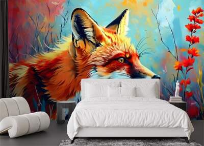 Vibrant spring scene featuring a red fox amidst a lush, colorful backdrop Wall mural