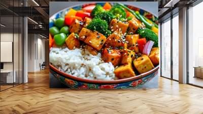 Vibrant stir-fried tofu and vegetables served with rice in an artistic bowl Wall mural