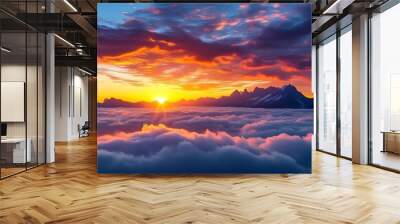 Vibrant sunrise illuminating a sea of clouds with a dramatic mountain range on the horizon Wall mural