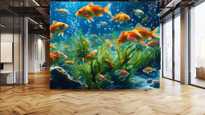 Vibrant underwater tableau of fish navigating through lush sea plants and bubbles, highlighting the richness of marine biodiversity. Wall mural