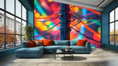 Vibrant urban abstract featuring a utility pole with colorful wires against a backdrop of lights Wall mural