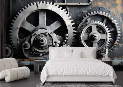 Vintage black and white illustration of rustic industrial gears showcasing minimalistic mechanical components for technological and industrial themes Wall mural