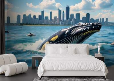 Whale Gliding Through Urban Waters with City Skyline and Flourishing Marine Life Wall mural