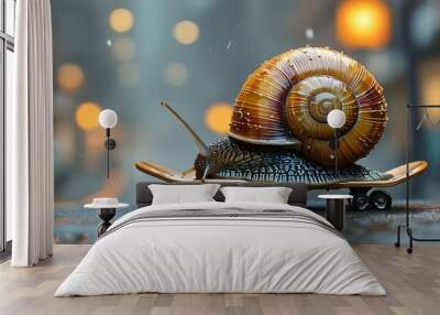 Whimsical snail cruising on a skateboard, blending humor with themes of speed and efficient movement in a playful transportation scene. Wall mural