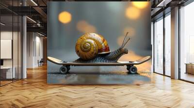 Whimsical snail cruising on a skateboard, blending humor with themes of speed and efficient movement in a playful transportation scene. Wall mural