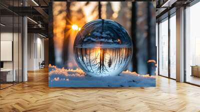 Winter Forest Sunset Reflected in Crystal Ball on Snow-Covered Ground Wall mural