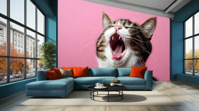 Yawning cat against a playful pink backdrop Wall mural