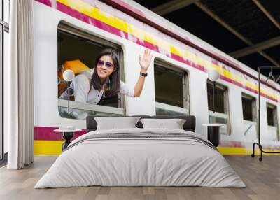 woman traveler on train Wall mural