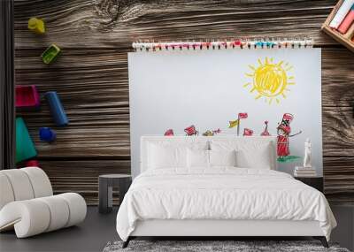 Charming child's art depicting pirates on a treasure hunt adventure, featuring a treasure chest, bright sun, and simplistic white paper on wooden table setting. Nostalgic and imaginative playtime conc Wall mural