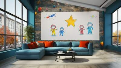 Charming child's artwork depicting astronauts on a cosmic adventure, vivid stars, and a space station on a wooden table. Innocent imagination and creativity in a kid's space exploration fantasy. Wall mural