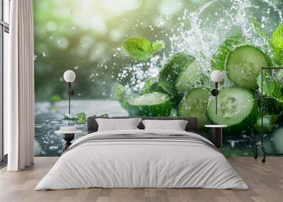 Dynamic burst of water spraying out from a cluster of cucumbers, captured in mid-air explosion. Vibrant green fresh cucumbers contrast against a bright clean background Wall mural