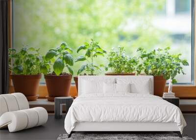 Fresh Potted Herbs on a Windowsill: Vibrant Green Leaves and Natural Light Highlight a Cozy and Inviting Home Garden Space with Room for Text Wall mural