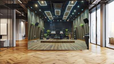 High-angle view of a modern recording studio with professional soundproof walls, advanced audio equipment, and mixing consoles, highlighting a creative environment for music production Wall mural