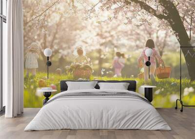 Joyful Easter Sunday scene with children happily hunting for colorful painted eggs scattered across a lush meadow under blooming cherry blossom trees.  Wall mural