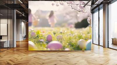 Joyful Easter Sunday scene with children happily hunting for colorful painted eggs scattered across a lush meadow under blooming cherry blossom trees.  Wall mural