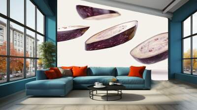 Ultra-realistic eggplant slices floating mid-air on white background. High-definition, detailed close-up with professional color grading, showcasing fresh vegetables in suspended motion. Wall mural