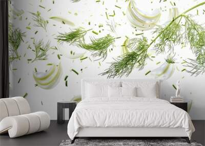 Ultra-realistic front view of fennel fronds floating in the air against a white background, showcasing fine details and professional color grading.  Wall mural