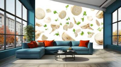 Ultra-realistic image of turnip slices gracefully falling against a pristine white background Wall mural