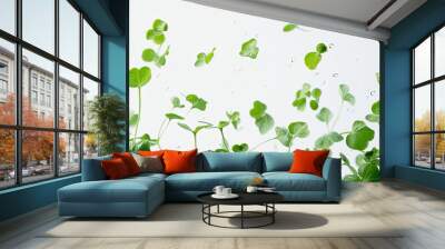 Ultra-realistic view of pea shoots gracefully floating in the air against a pristine white background, showcasing intricate details and vibrant colors, perfect for culinary and botanical themes. Wall mural