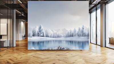 Empty nature podium with snowy trees, lake, and landscape. Calm and elegant winter atmosphere. Wall mural